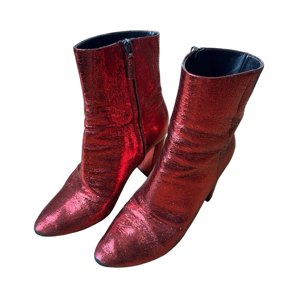 Saint Laurent Red Crackled Metallic “Lou” Heeled Boots